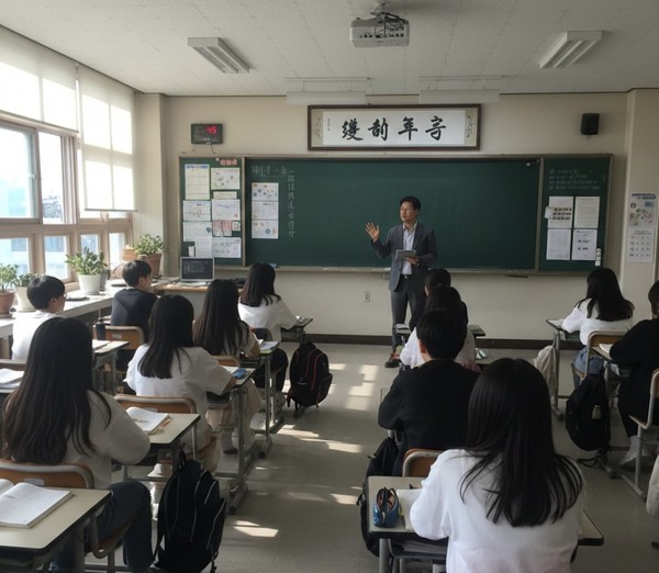 ▲2025년 올해의 사자성어 ‘변동불거(變動不居)’가 내걸린 한 강의실에서 수업을 진행 중인 모습을 생성한 이미지. ⓒ제미나이