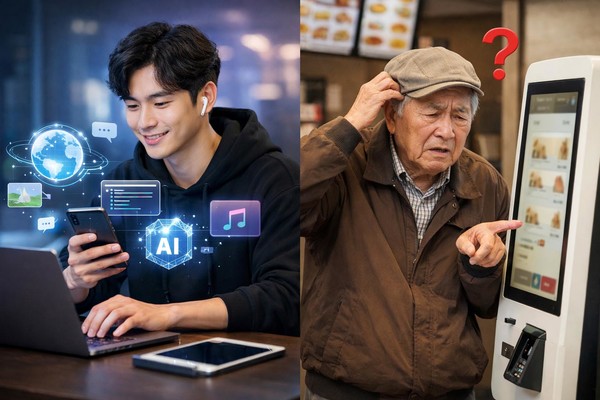 ▲최신 프롬프트를 잘 알고 유료 최고 버전을 사용하는 젊은 남성과 키오스크도 제대로 못 쓰는 노인을 대조한 이미지. ⓒ챗GPT
